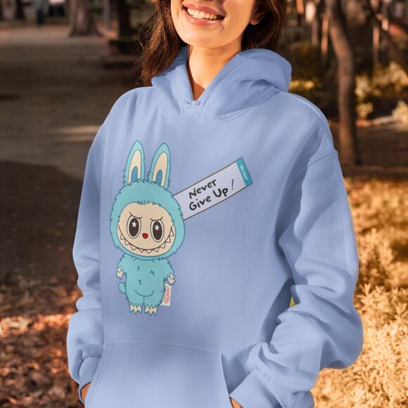 Blue Labubu Hoodie – Cute Elf Design with “Never Give Up” Message | Gift-Ready - Picture 6 of 9